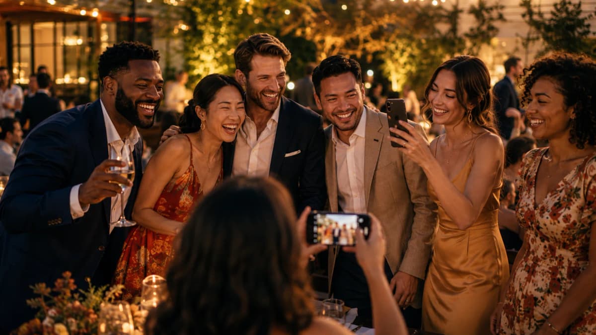 Anniversary guests sharing photos with a QR code
