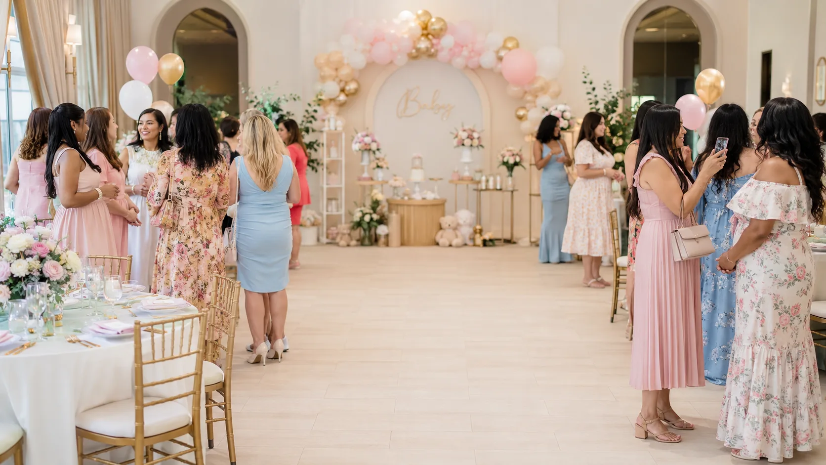 Baby shower guests capturing candid moments from every angle