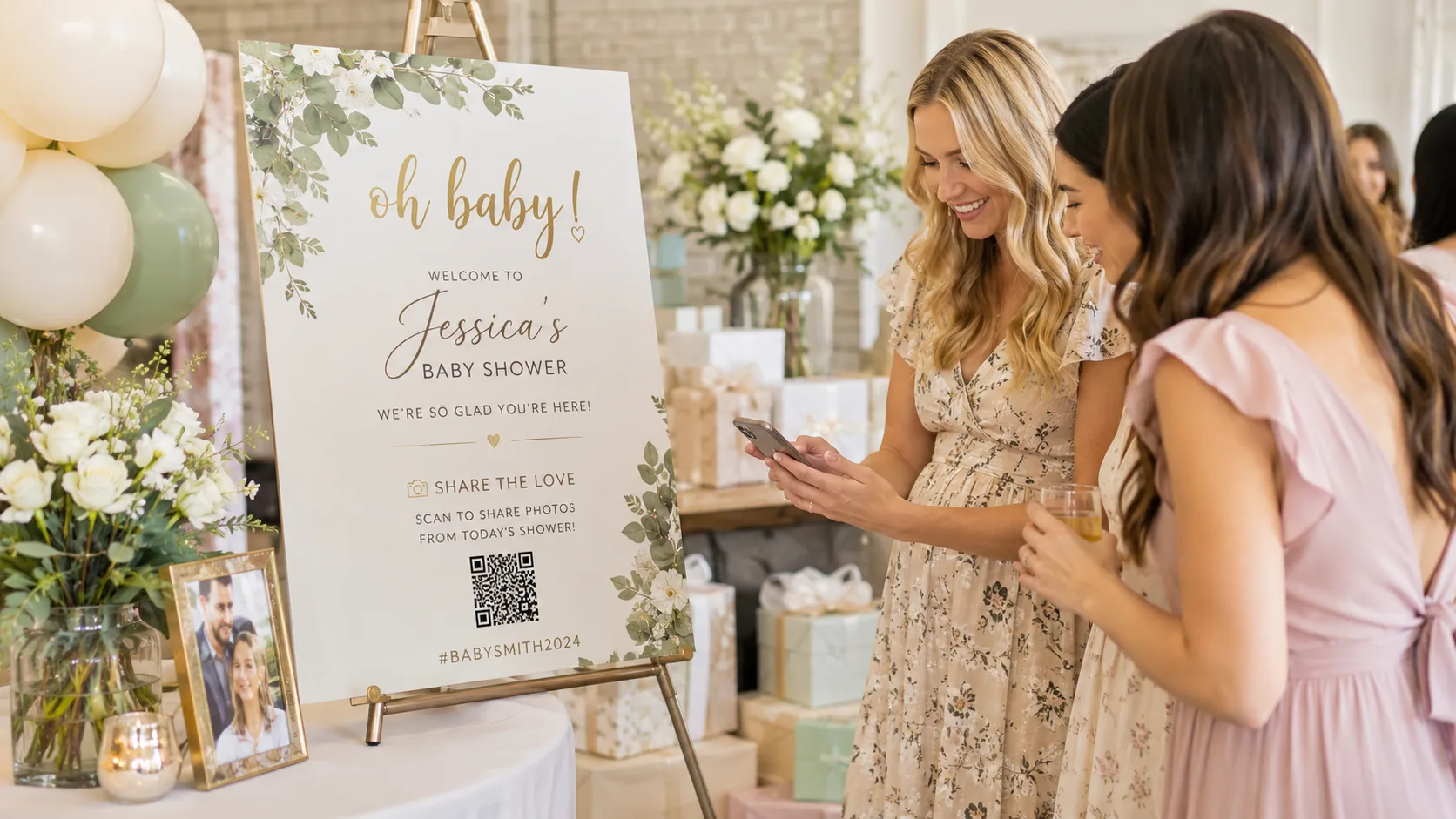 Baby shower table with QR code signage