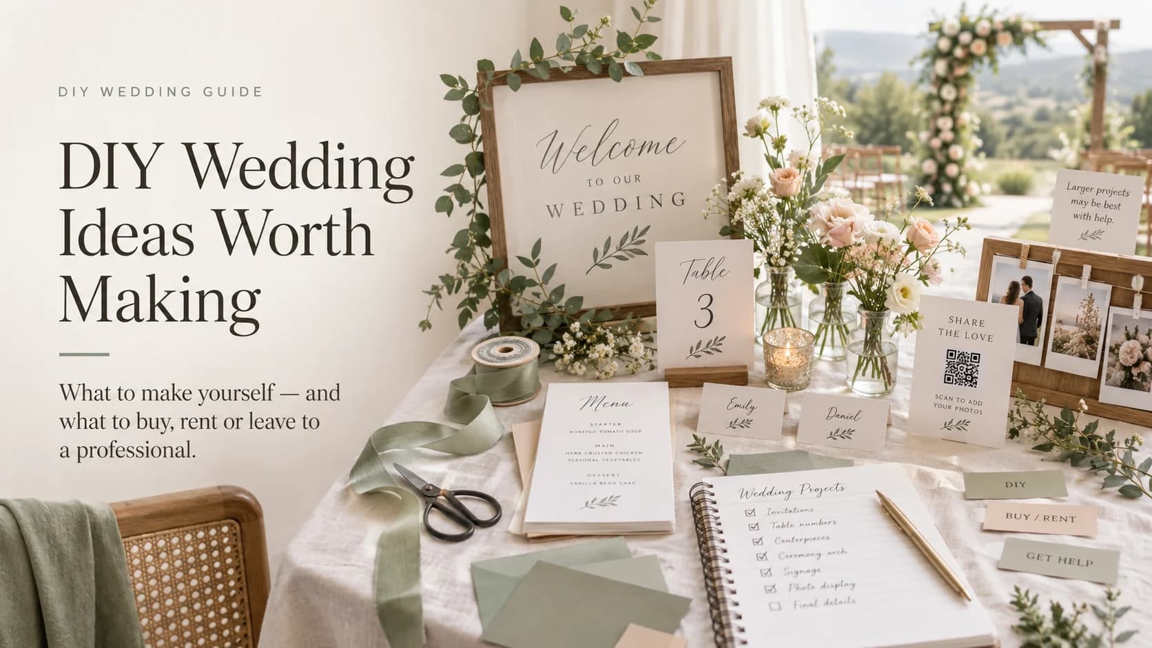 DIY wedding planning workspace with wedding signs, place cards, bud vases and a decision guide for what to DIY, buy, rent or hire