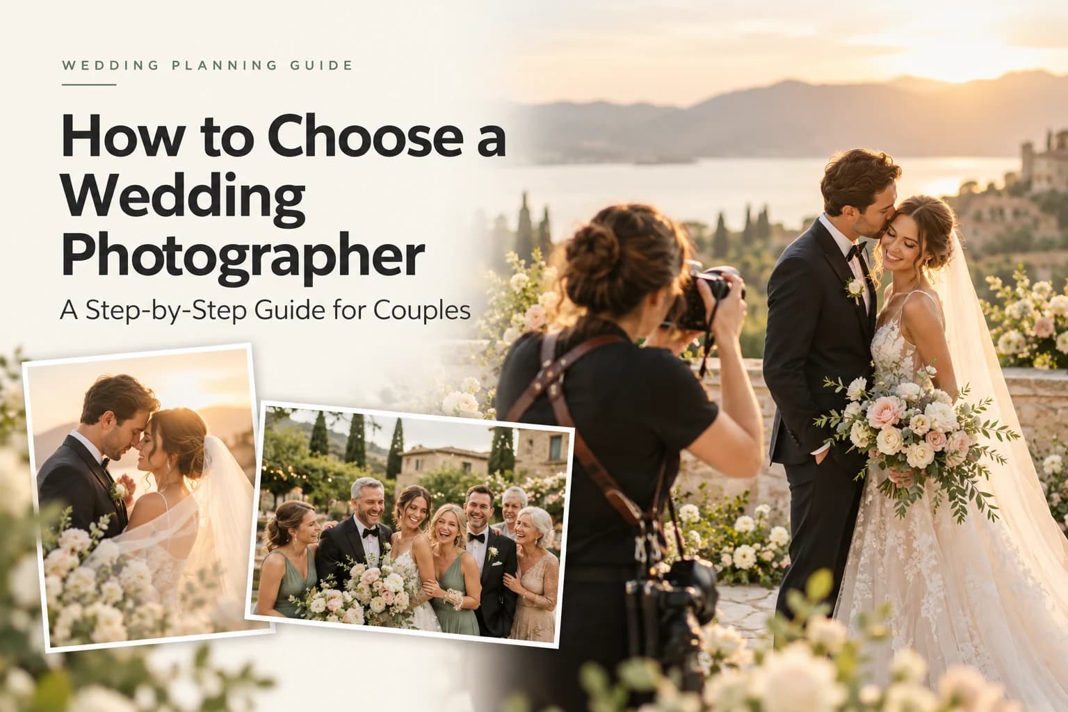 Wedding photographer photographing a couple at golden hour, alongside example couple and family portraits