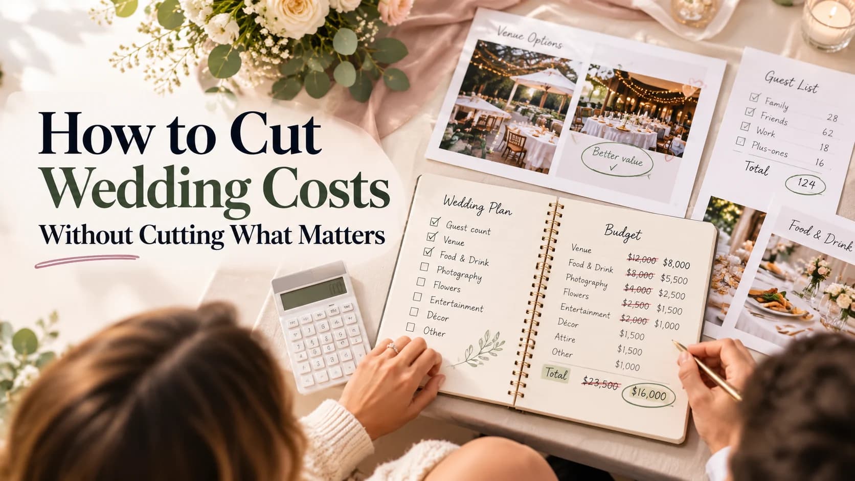 A couple reviewing their wedding budget in a planner, with crossed-out costs, venue options, a guest list and a calculator on the table