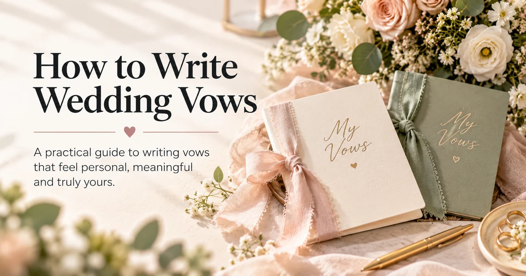 Two personal wedding vow books tied with ribbon beside a gold pen, wedding rings and flowers