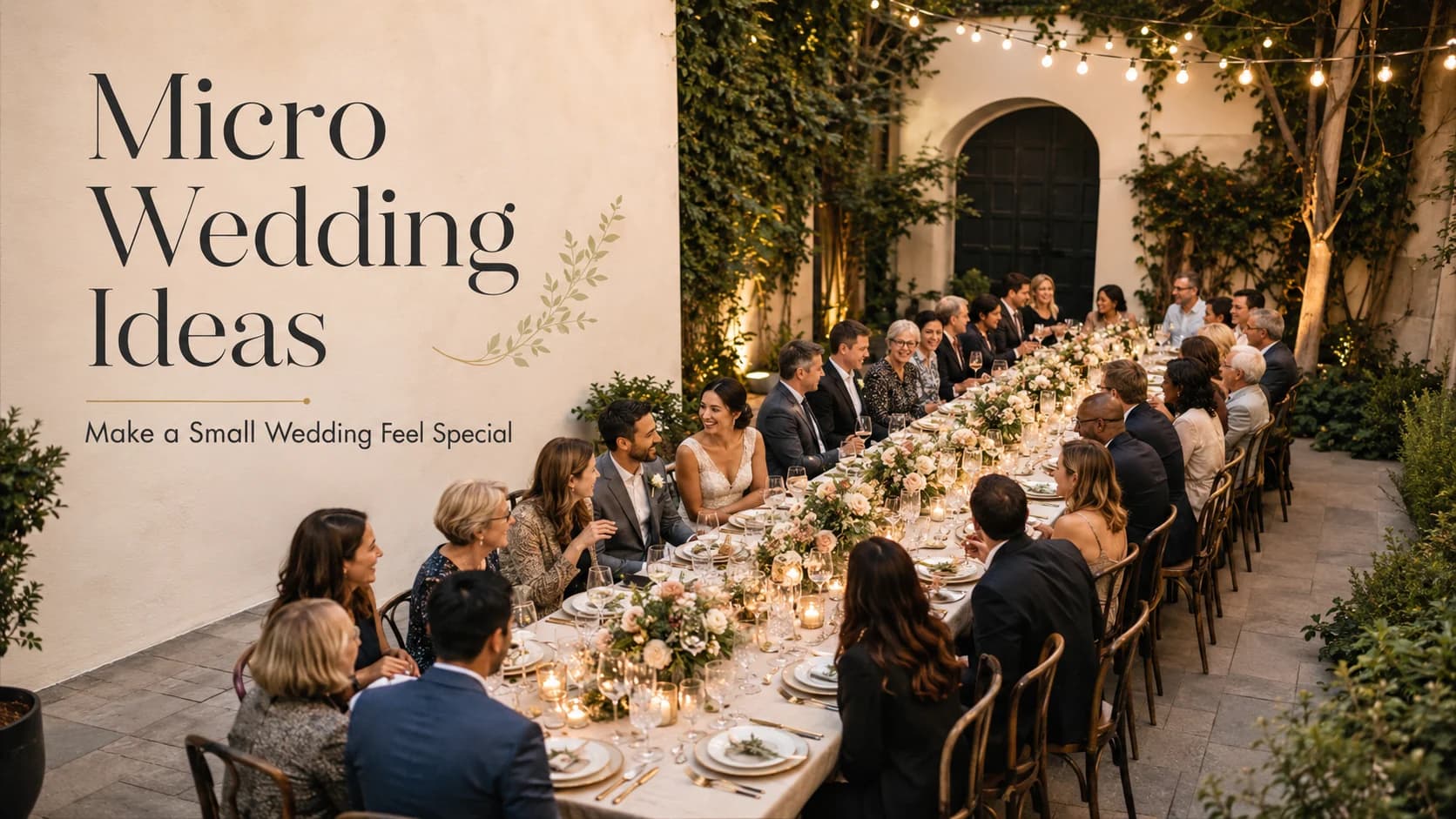 An intimate micro wedding celebration with guests gathered around one table