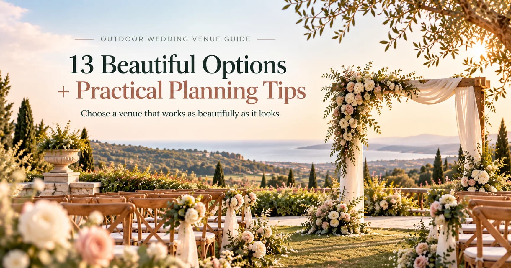Outdoor wedding ceremony on a hillside terrace with a floral arch, wooden chairs and a sea view at golden hour