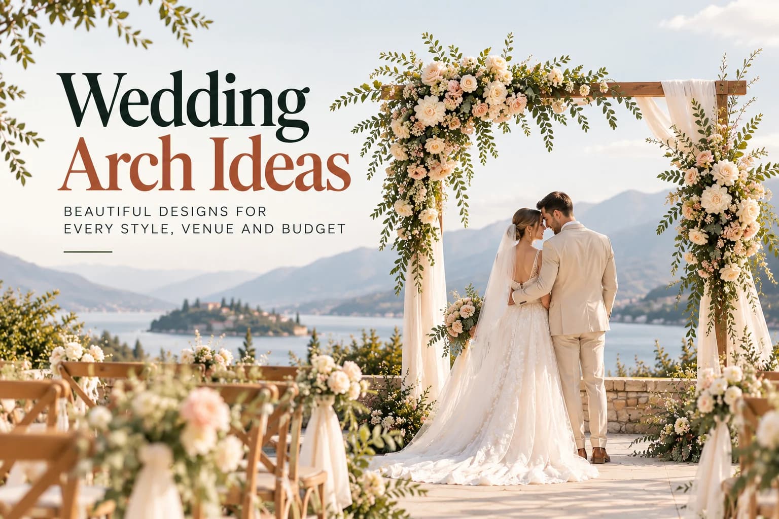 Couple beneath a wooden wedding arch with asymmetrical florals and draped fabric, overlooking a lake and mountains