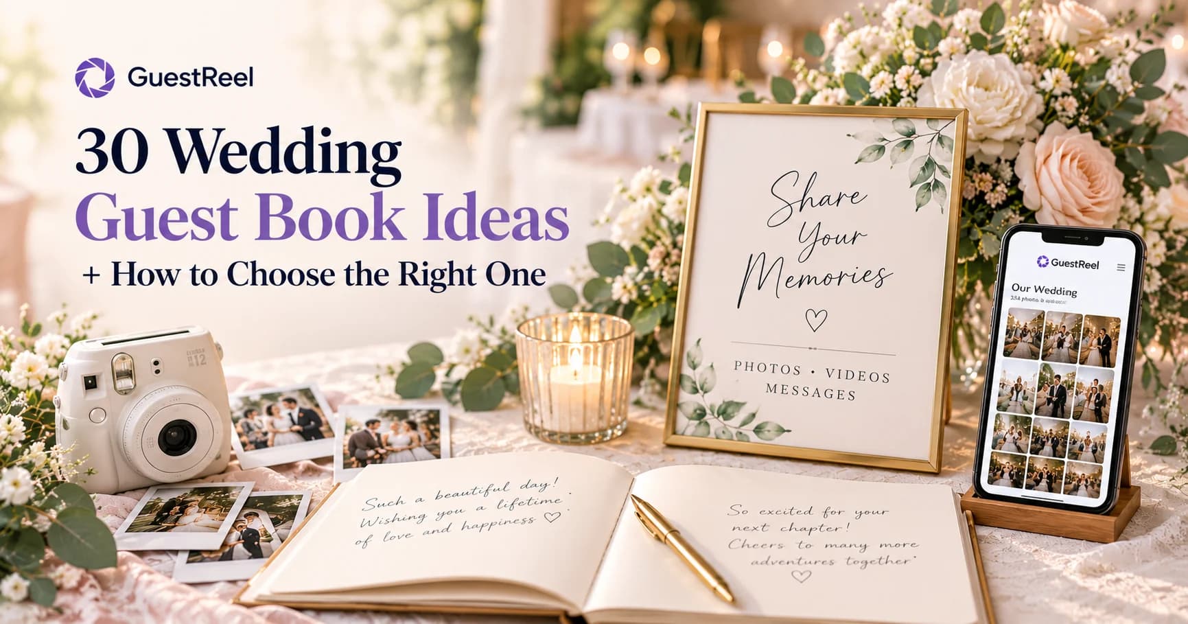 Wedding guest book ideas including a traditional book, instant photos, an audio guestbook phone and a digital QR guestbook