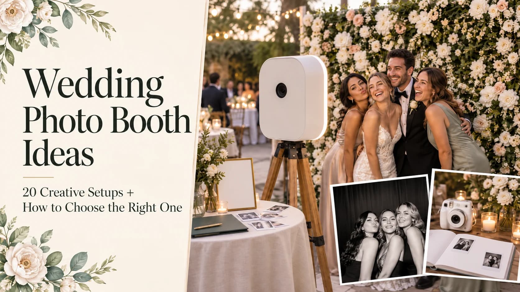 Wedding guests posing at an open-air photo booth in front of a white flower wall, with an instant camera guest book on a nearby table