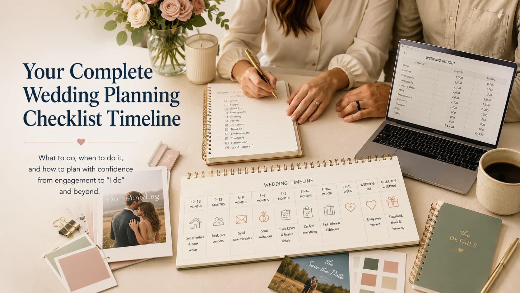 Wedding planning checklist timeline on a desk with a budget, timeline, and save-the-date cards