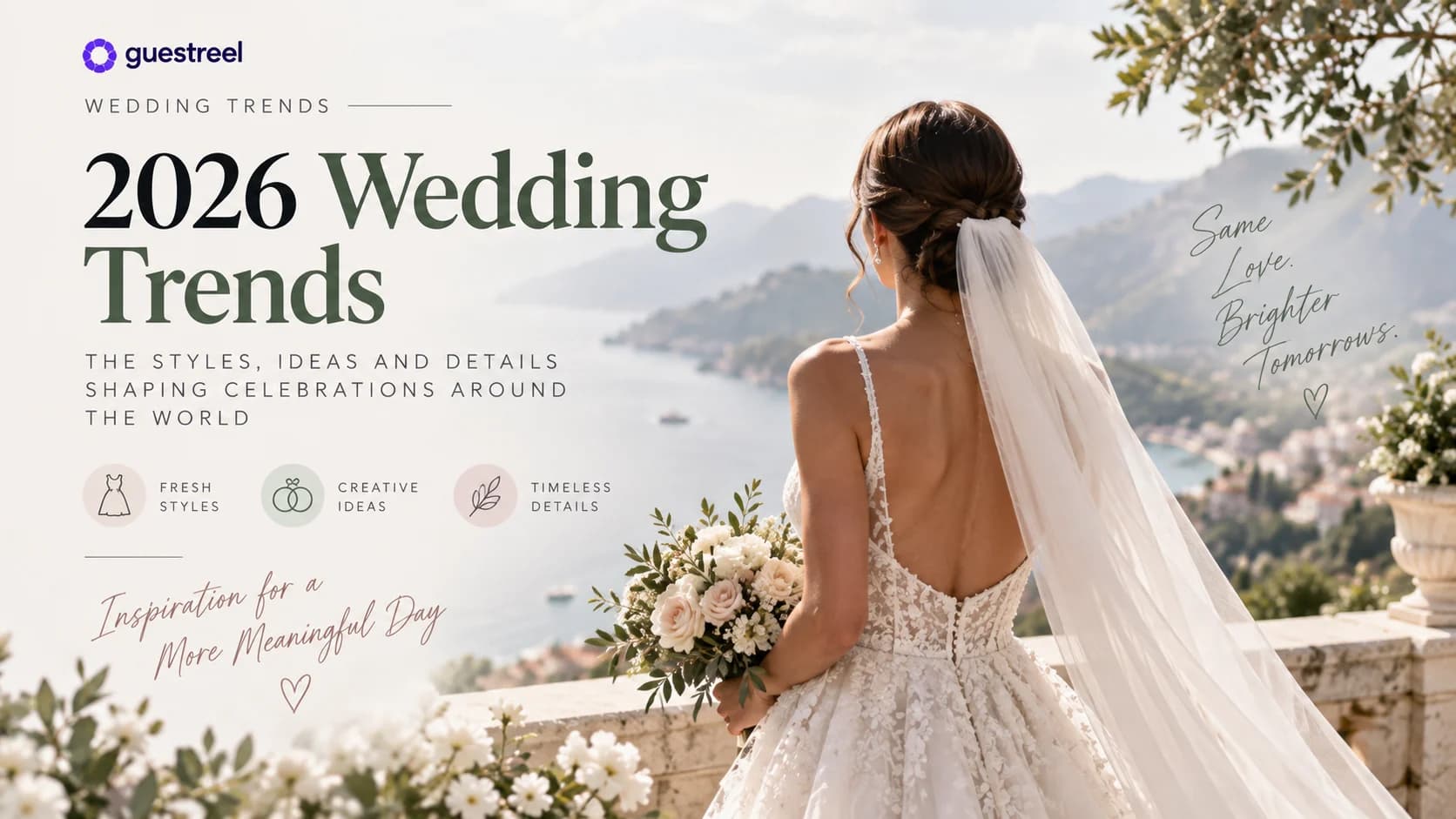 A bride in a lace gown and long veil holding a bouquet on a terrace overlooking the sea, with the title 2026 Wedding Trends