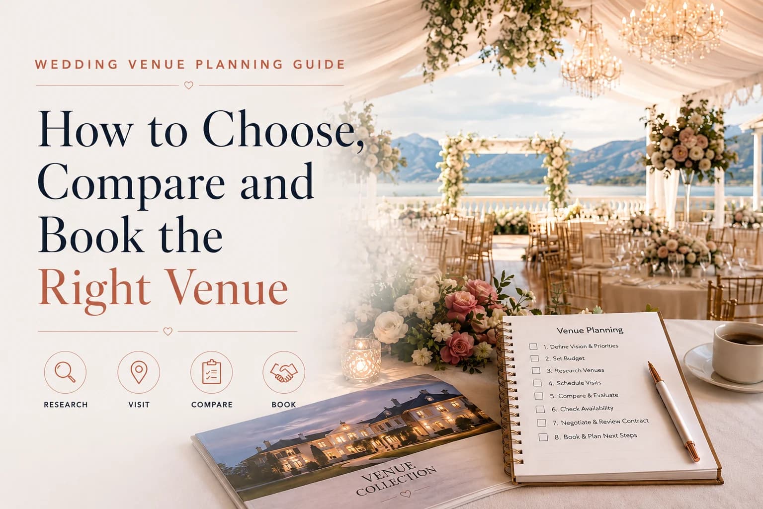 Wedding venue planning guide with a venue lookbook, checklist, and an elegant reception setting