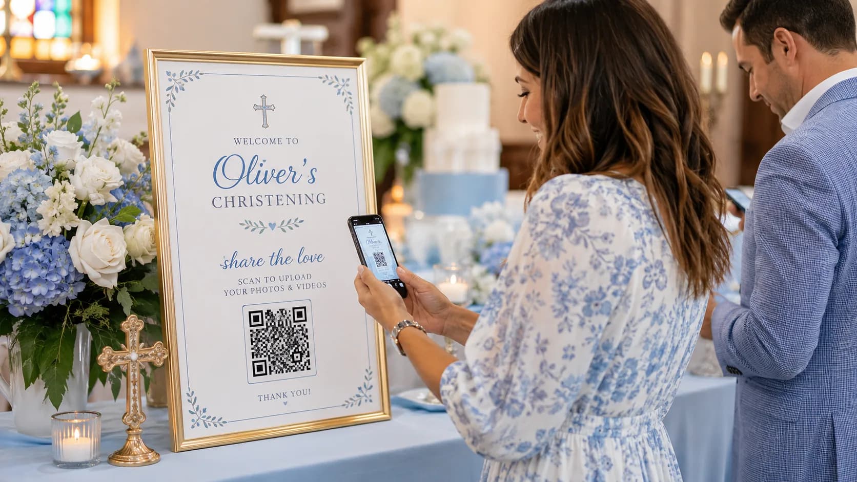 Christening table with QR code signage