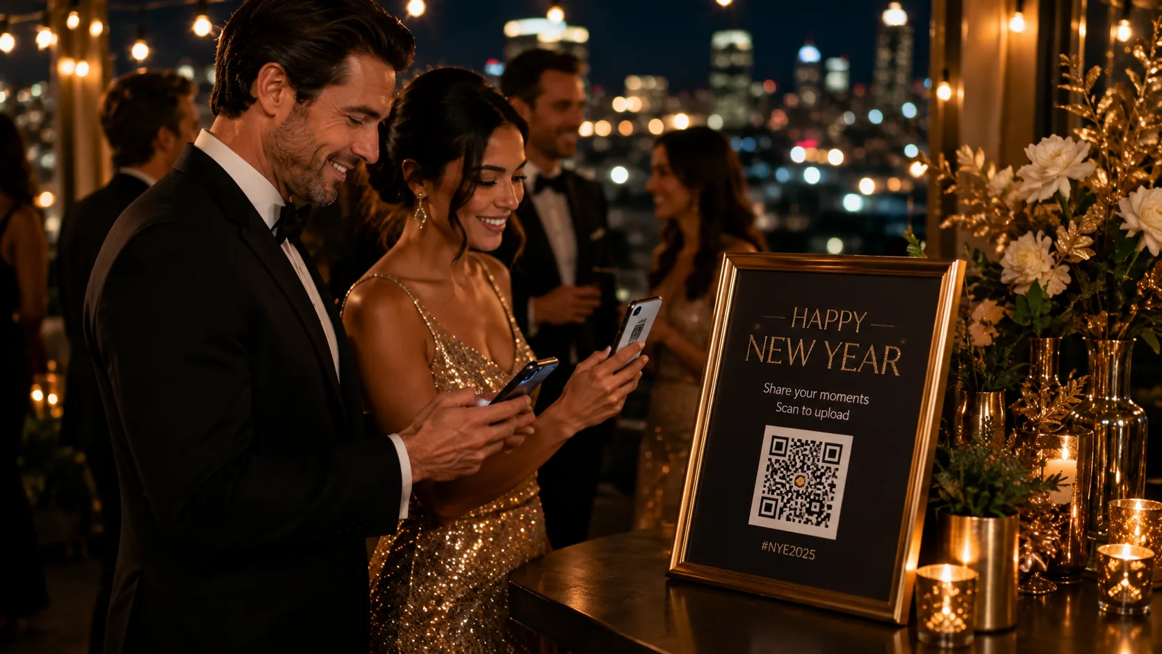 New Year's party table with QR code signage
