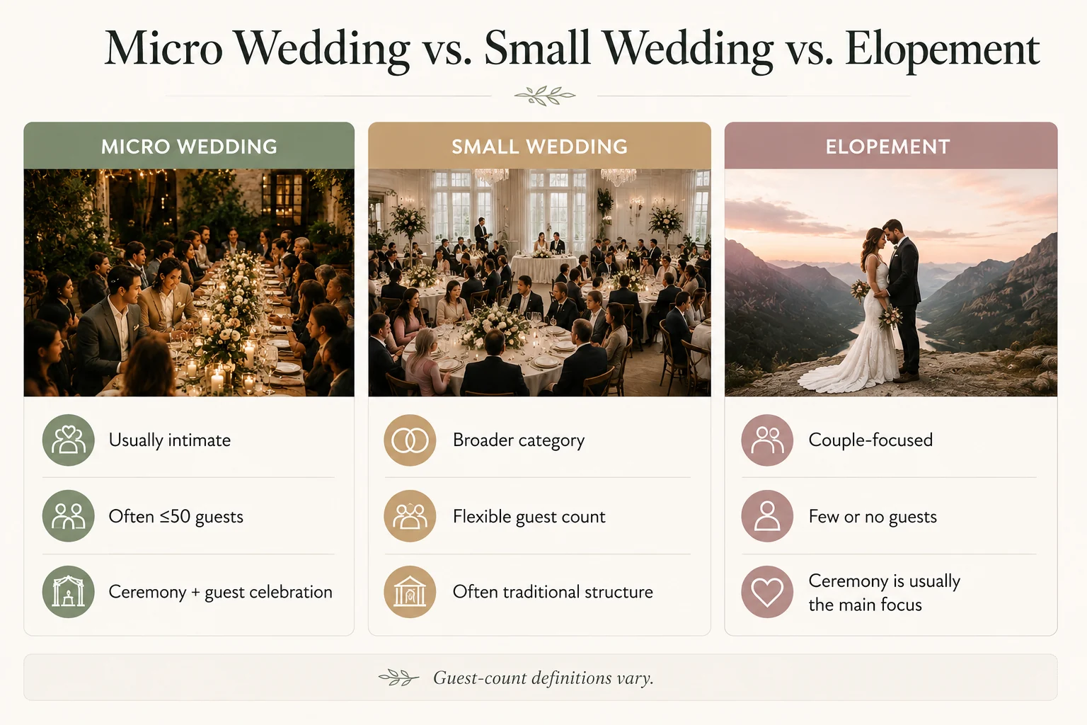 Micro wedding vs small wedding vs elopement comparison