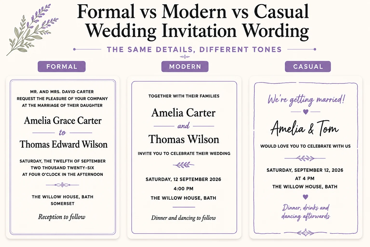 Formal, modern and casual wedding invitation wording compared