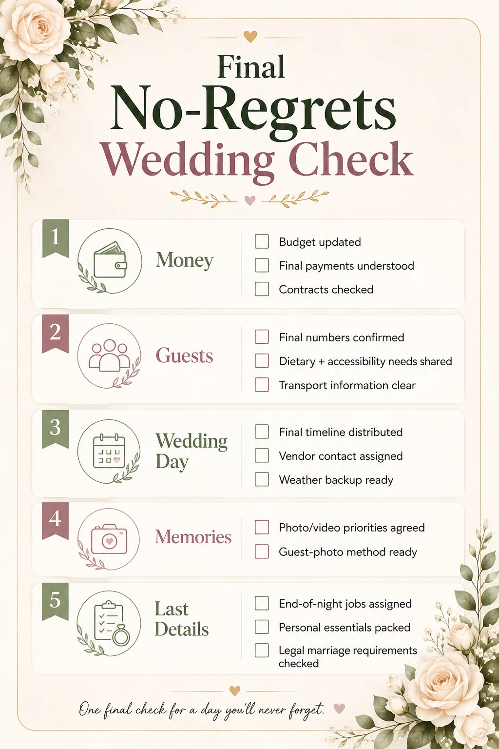 Final no-regrets wedding checklist to confirm before the wedding