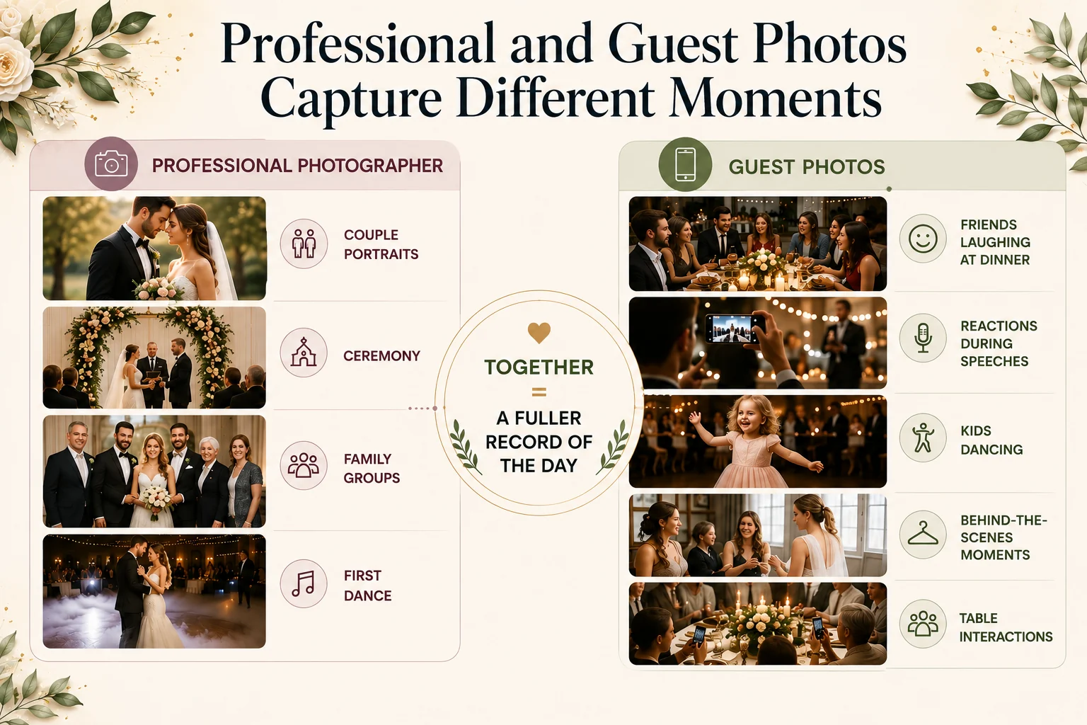 How professional and guest wedding photos capture different moments