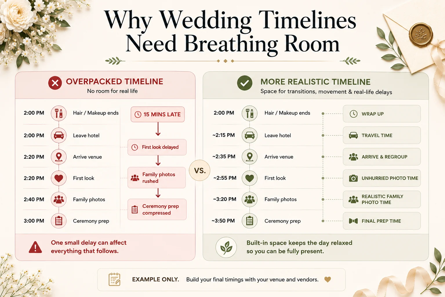 Realistic wedding-day timeline with buffer time built in between transitions