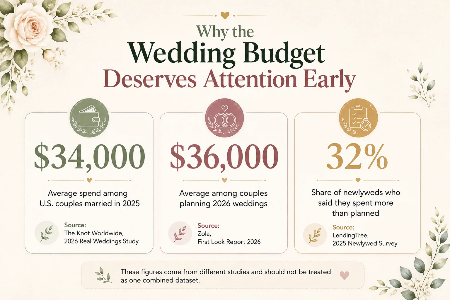 2026 average wedding budget statistics from The Knot, Zola, and LendingTree