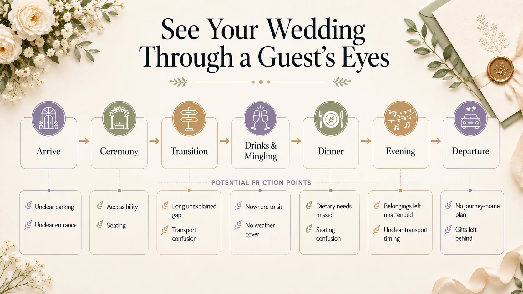 Wedding guest journey friction map highlighting the gaps between ceremony and reception