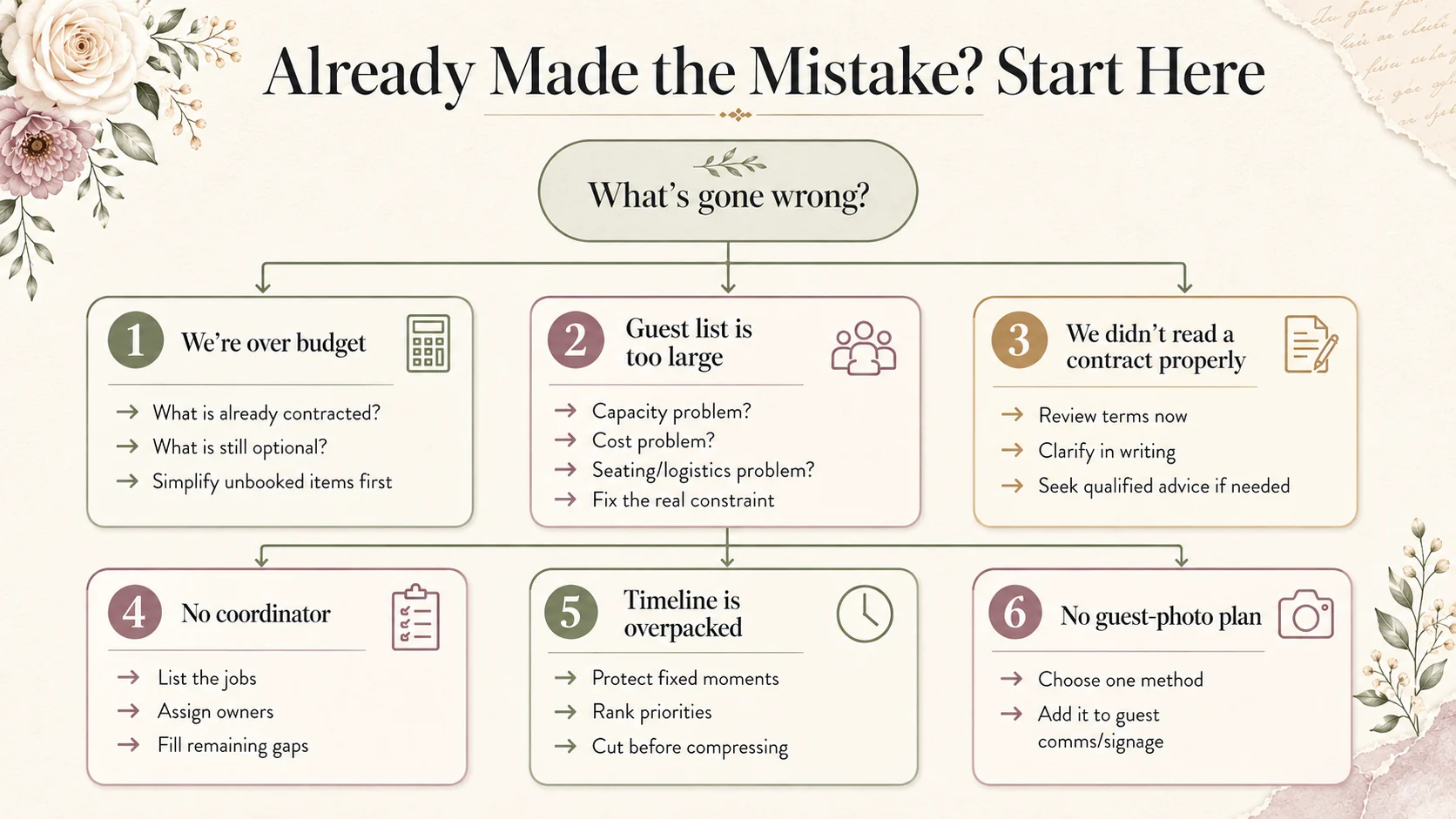 Wedding mistake recovery decision guide for fixing common planning issues
