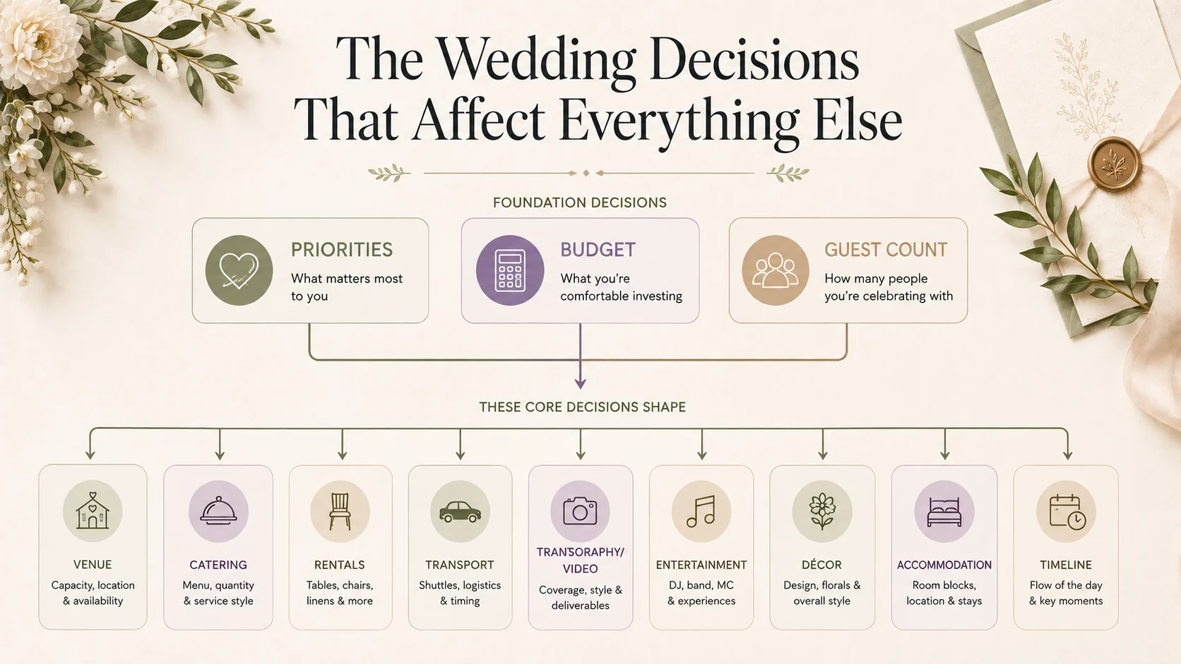 Wedding planning decision dependency map showing how the guest list affects other costs