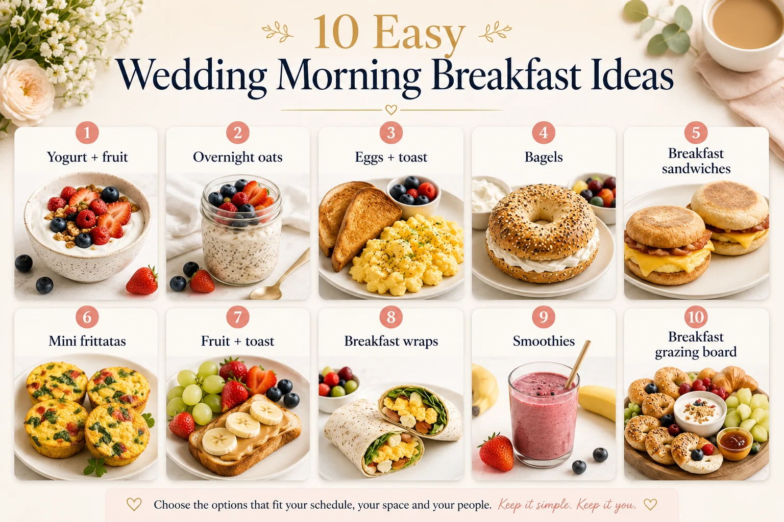 Easy wedding morning breakfast ideas laid out for a wedding party