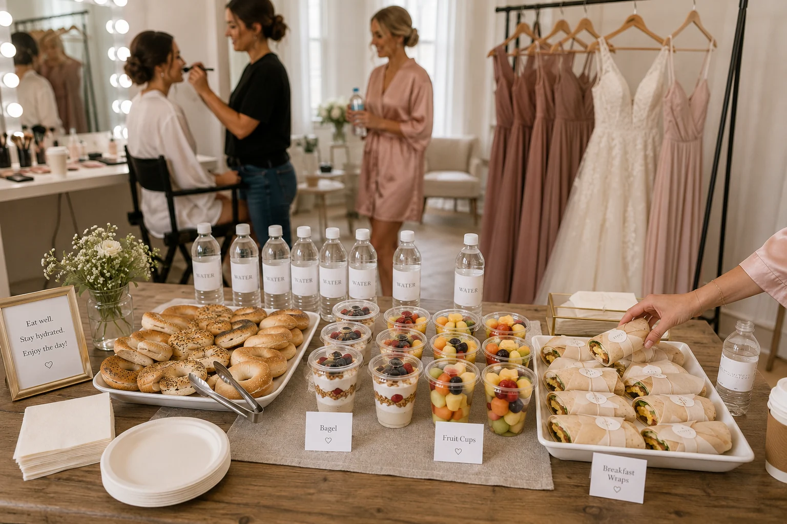 Low-mess wedding morning breakfast setup for a getting-ready room