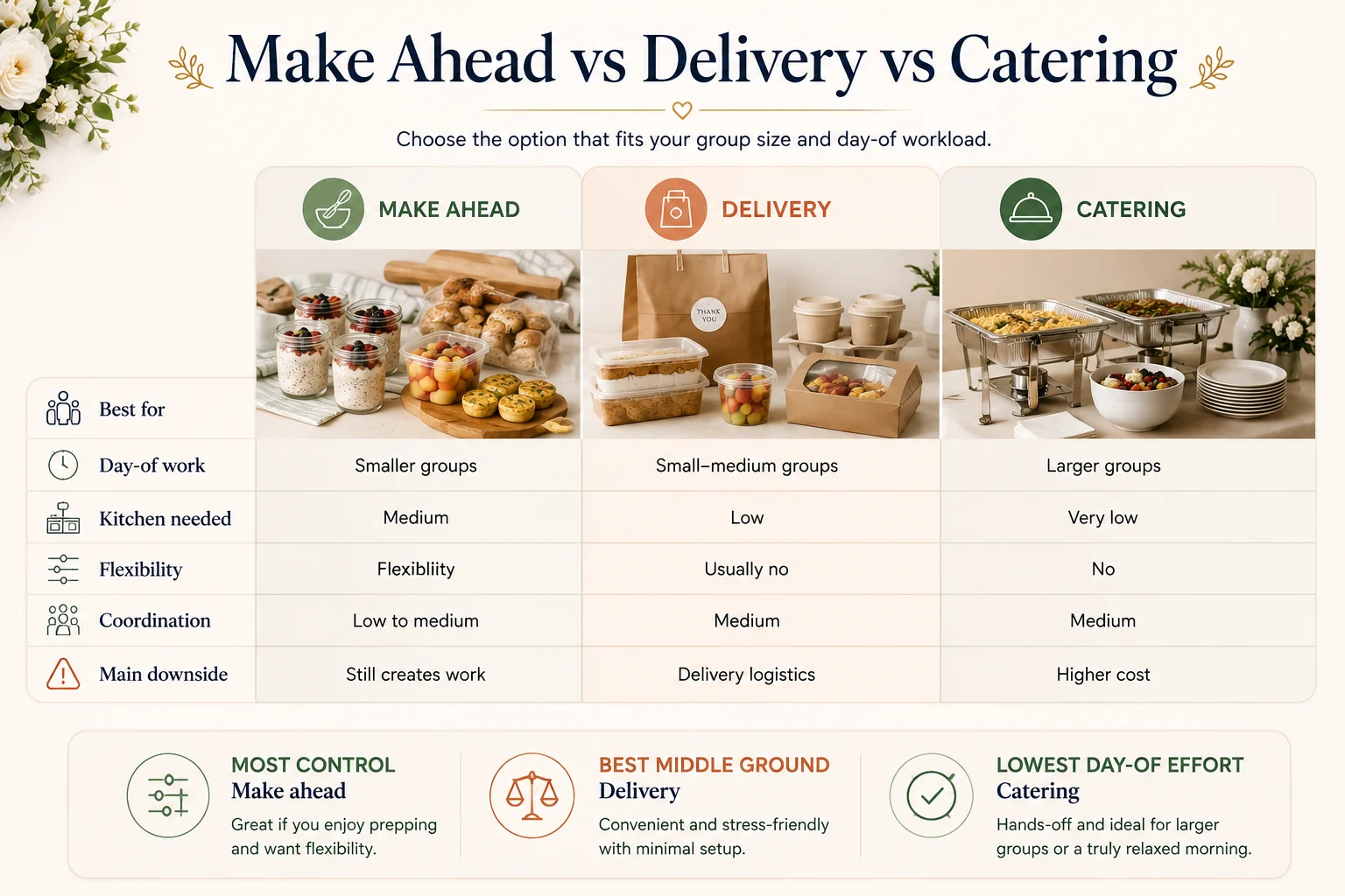 Wedding breakfast comparison of make-ahead versus delivery versus catering
