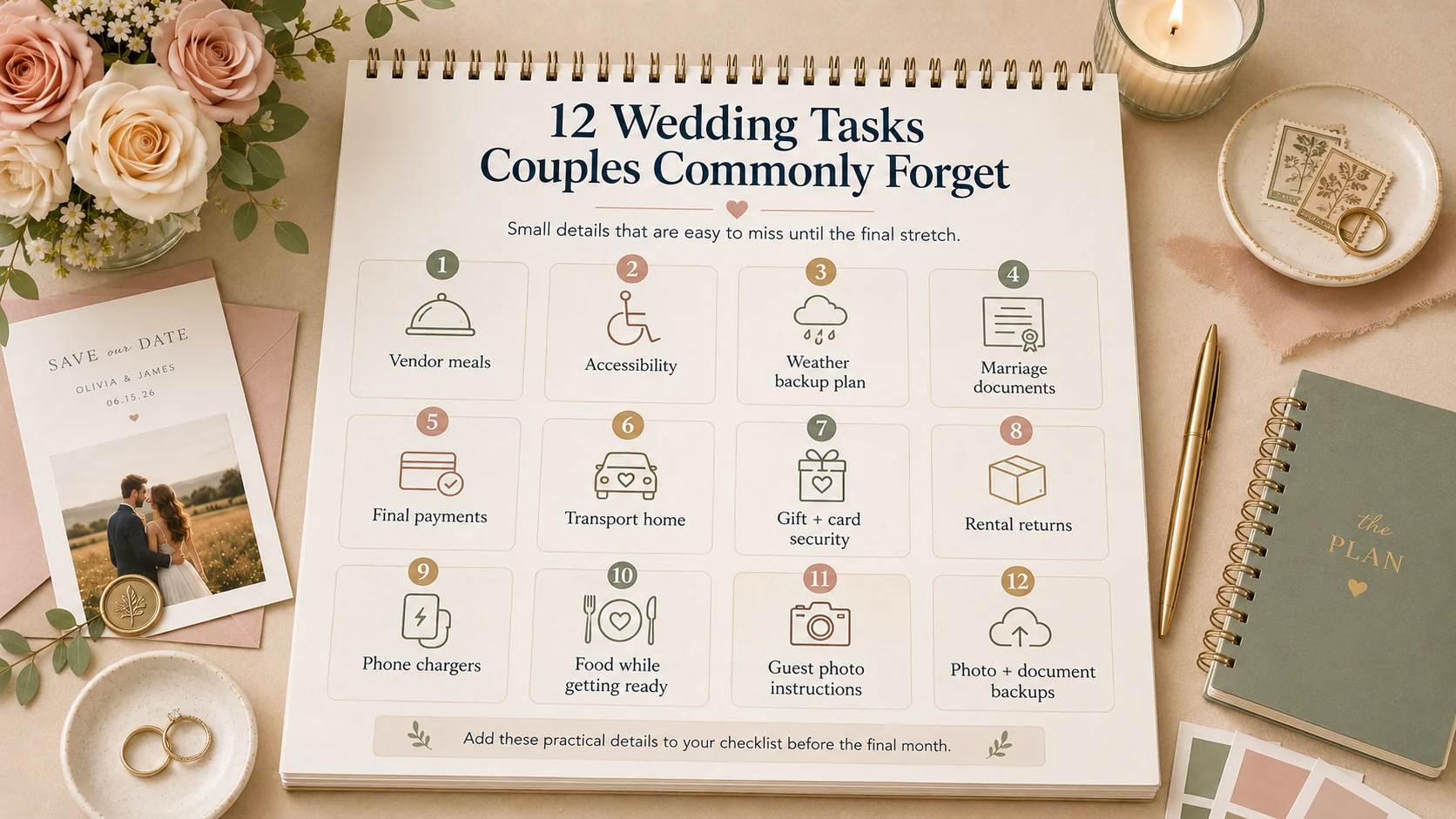 Twelve wedding tasks couples commonly forget, from vendor meals to photo and document backups