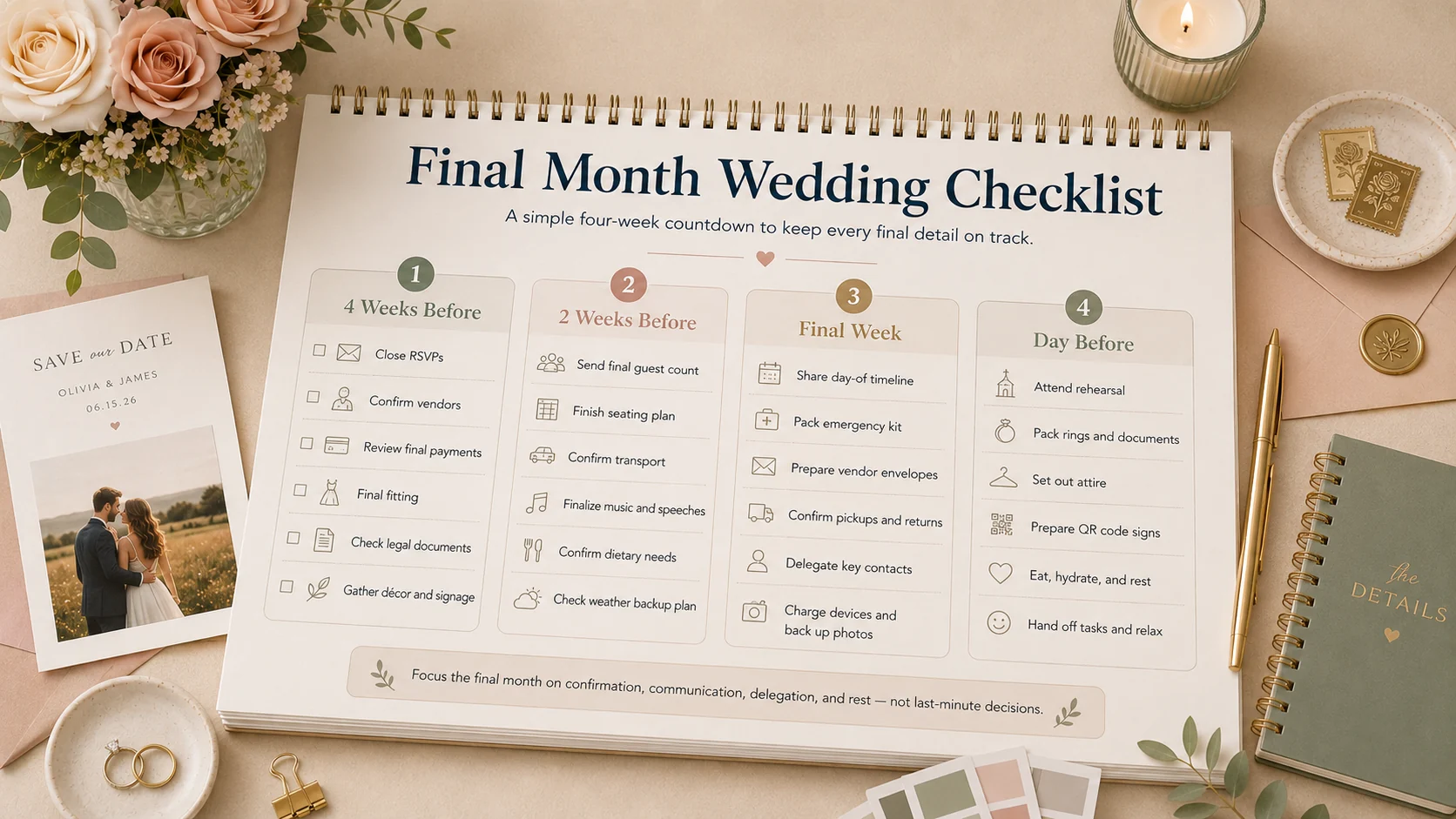 Final month wedding checklist countdown, organized by week