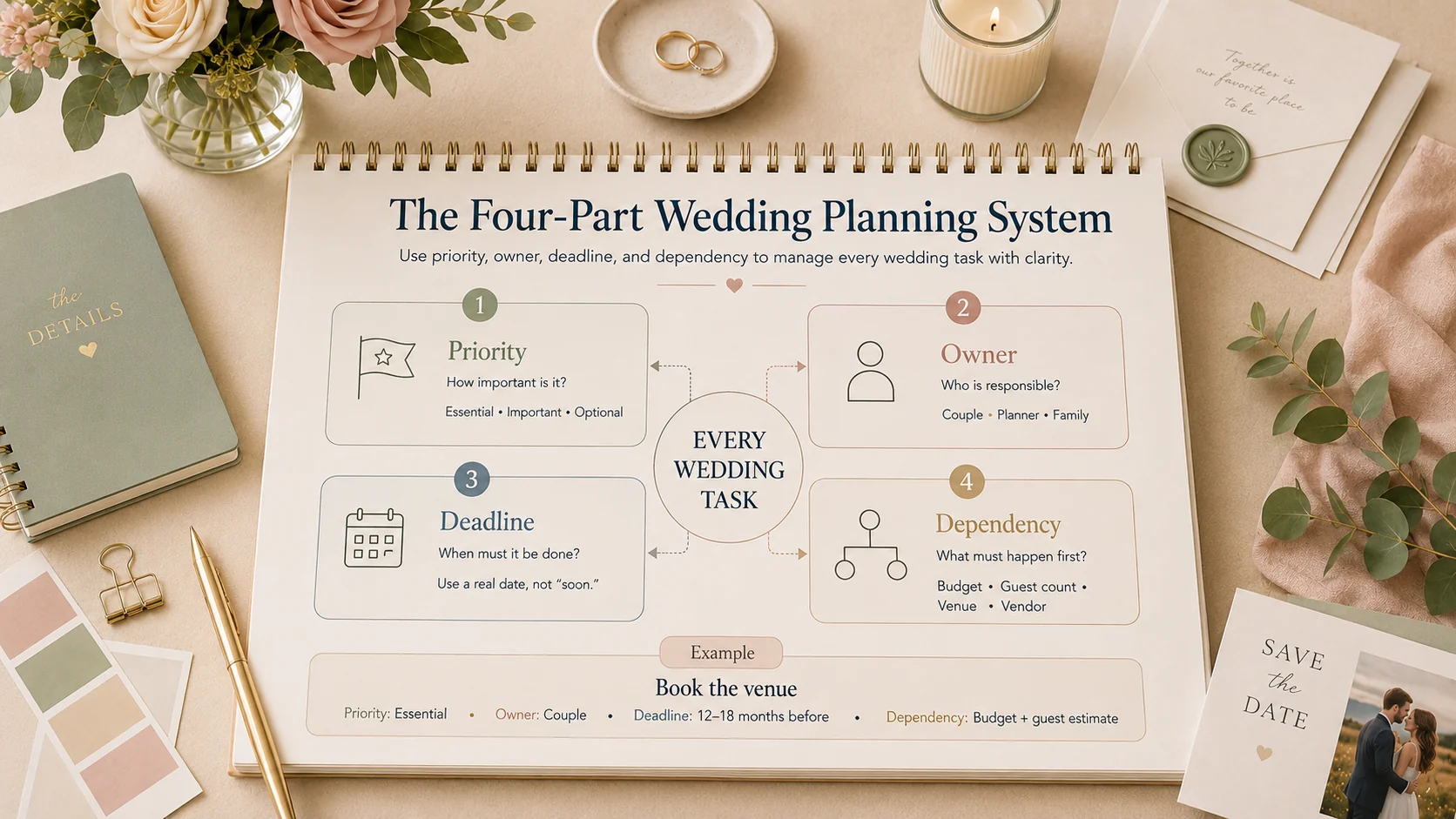 The four-part wedding planning system: priority, owner, deadline, and dependency