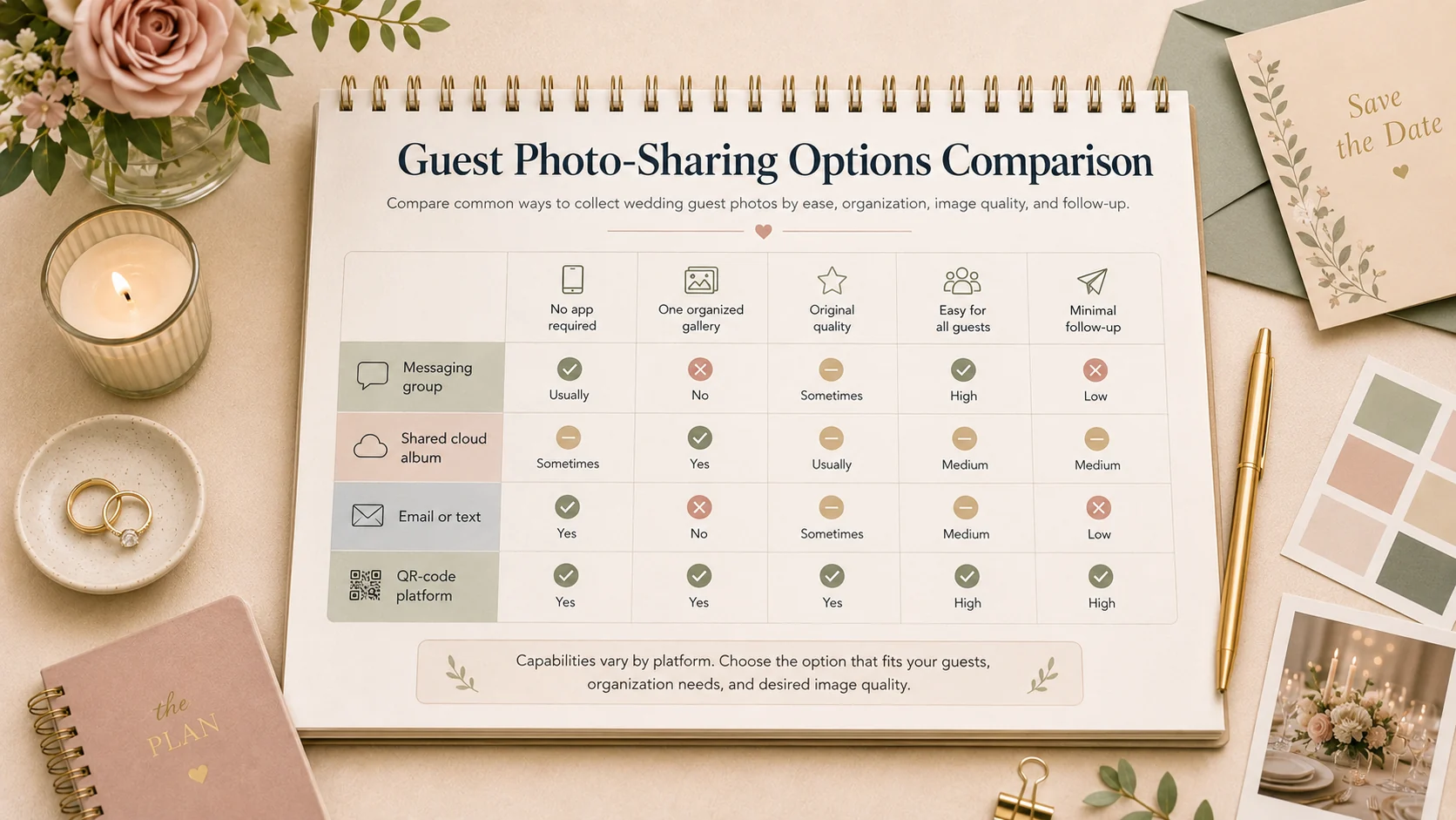 Comparison of guest photo-sharing options for weddings by ease, organization, quality, and follow-up