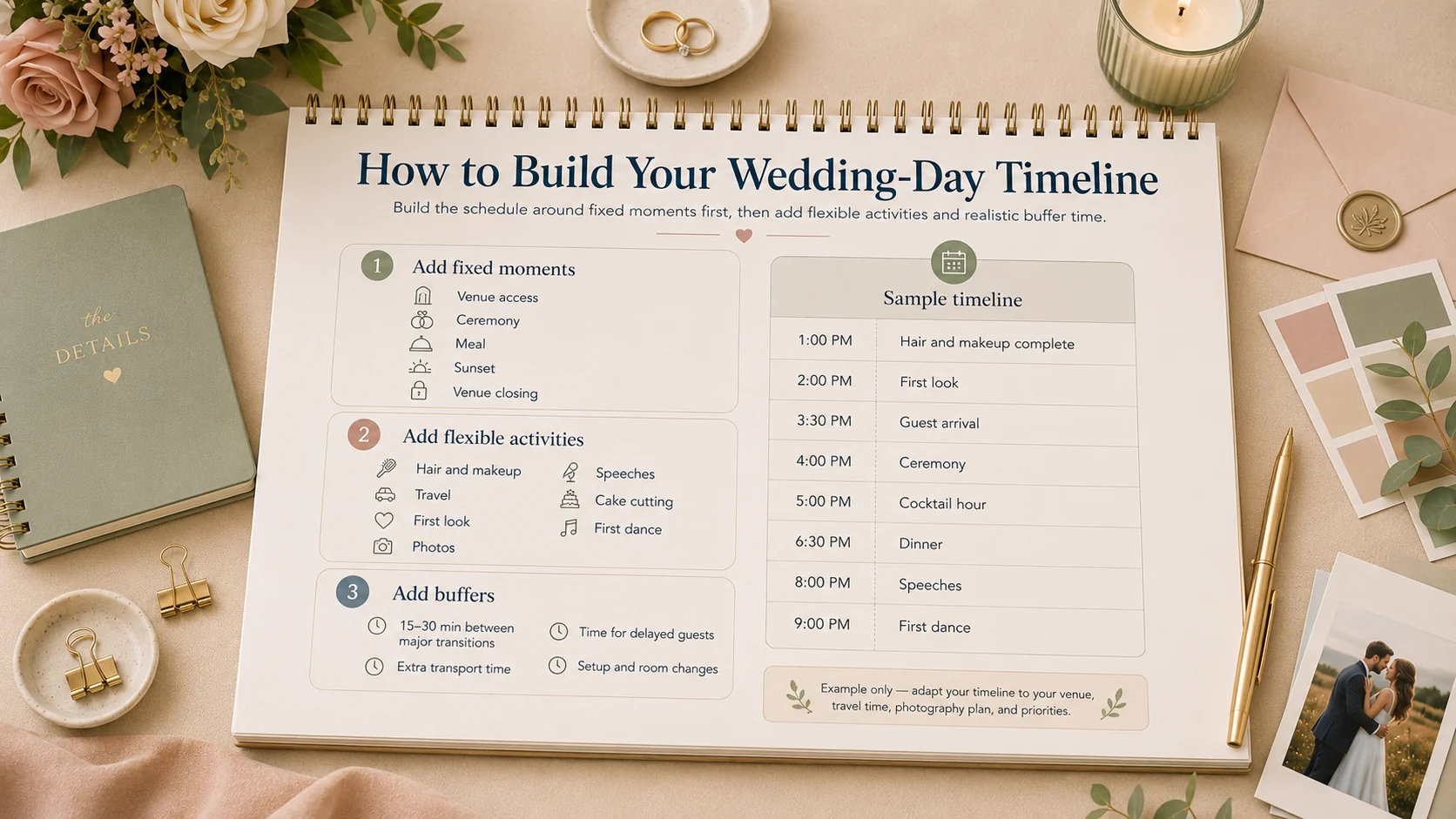 How to build your wedding-day timeline around fixed moments, with a sample schedule