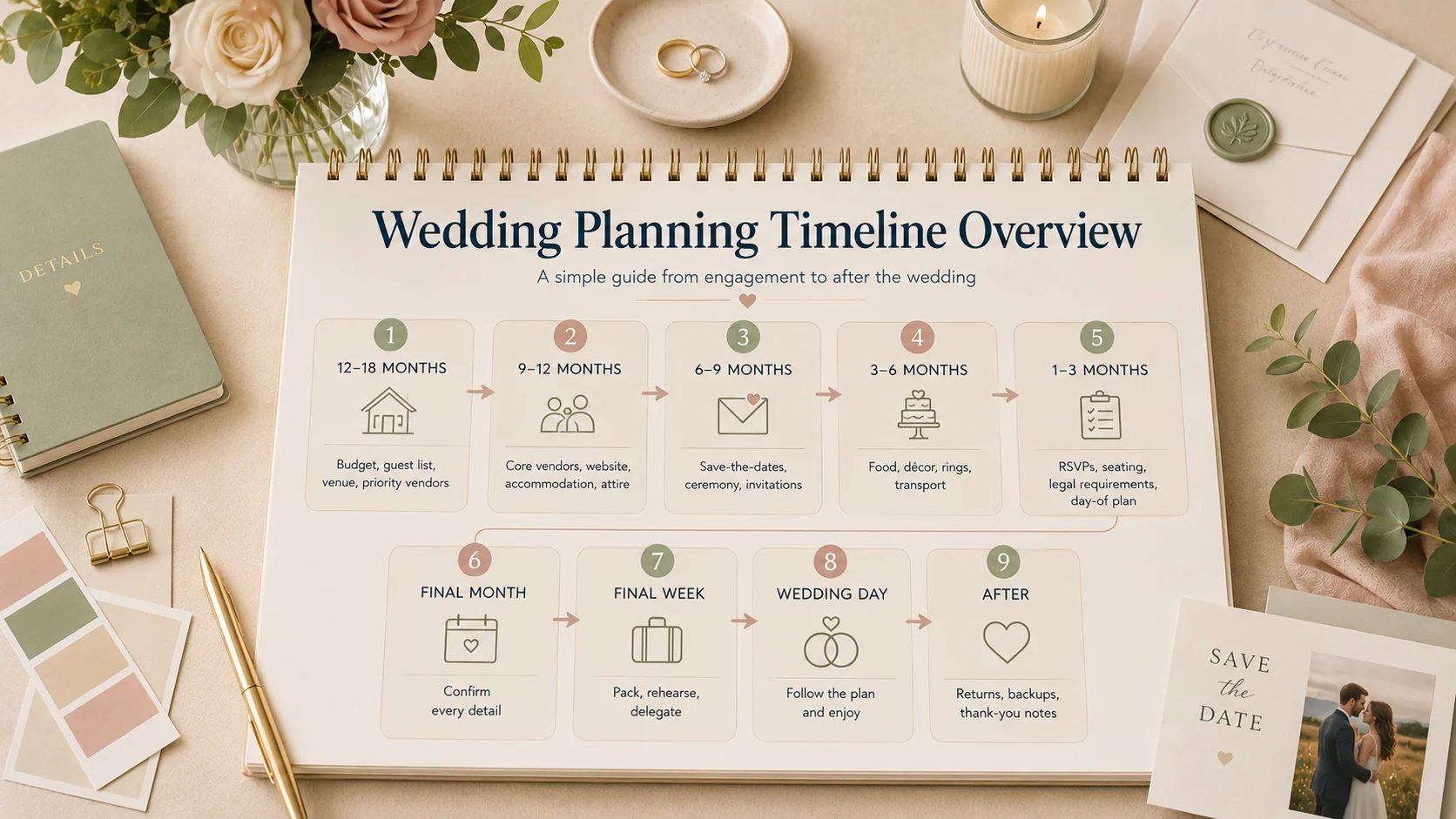 Wedding planning timeline overview infographic from 12–18 months before the wedding through to after the wedding