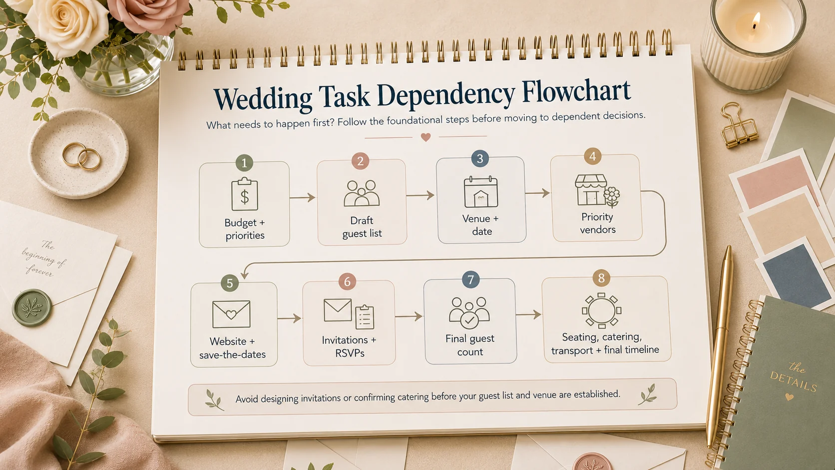 Wedding task dependency flowchart showing which foundational tasks to complete before dependent decisions