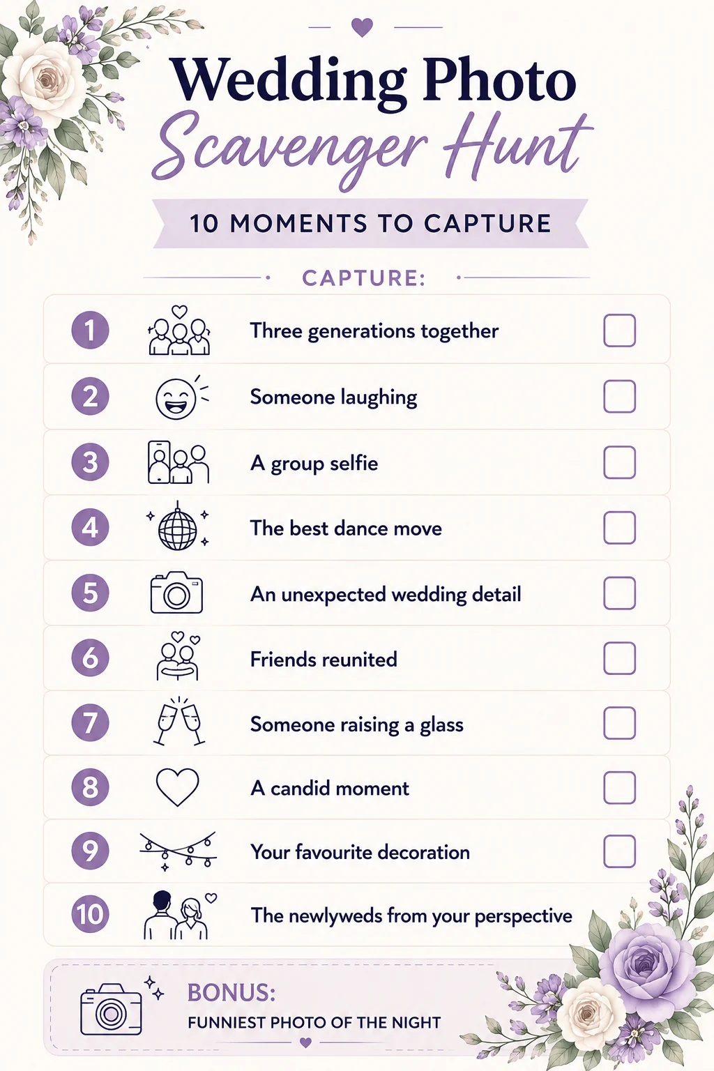 Wedding photo scavenger hunt checklist with ten candid moments for guests to photograph during the reception