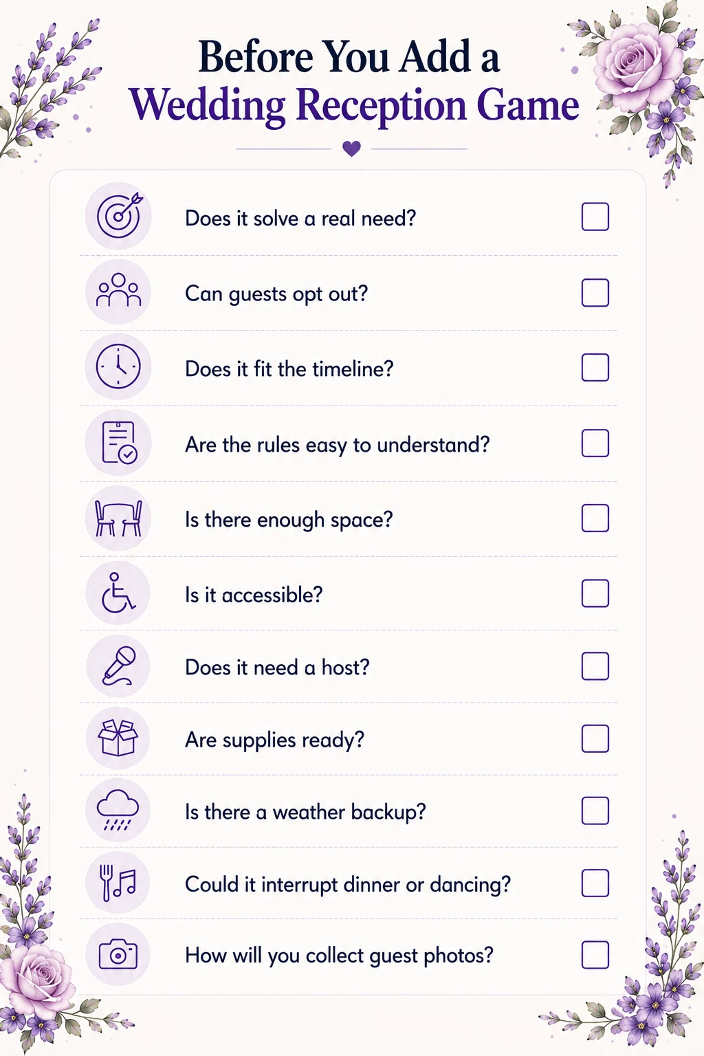 Wedding reception game planning checklist covering purpose, guest participation, timing, space, accessibility, hosting and weather backup