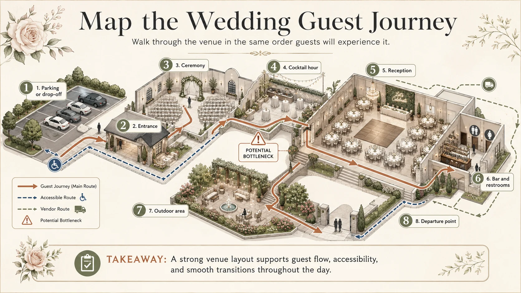 Floor-plan diagram mapping the wedding guest journey through a venue
