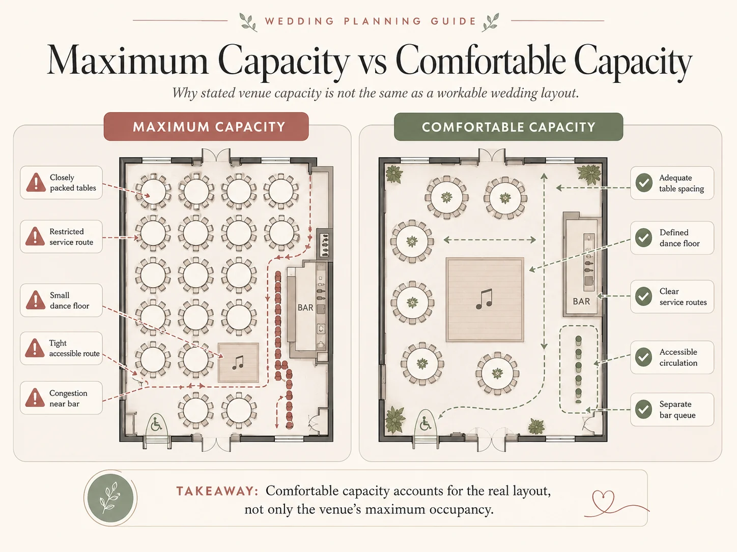 Diagram comparing a venue's maximum capacity with its comfortable wedding-layout capacity