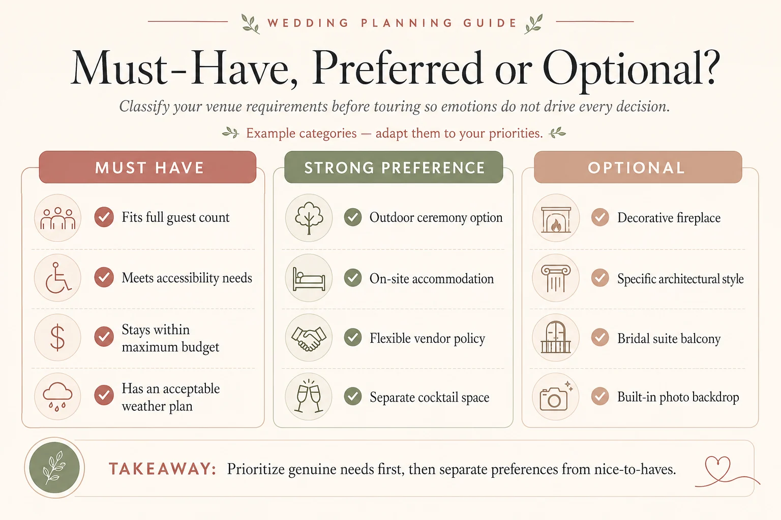 Matrix for sorting wedding venue requirements into must-have, preferred, and optional