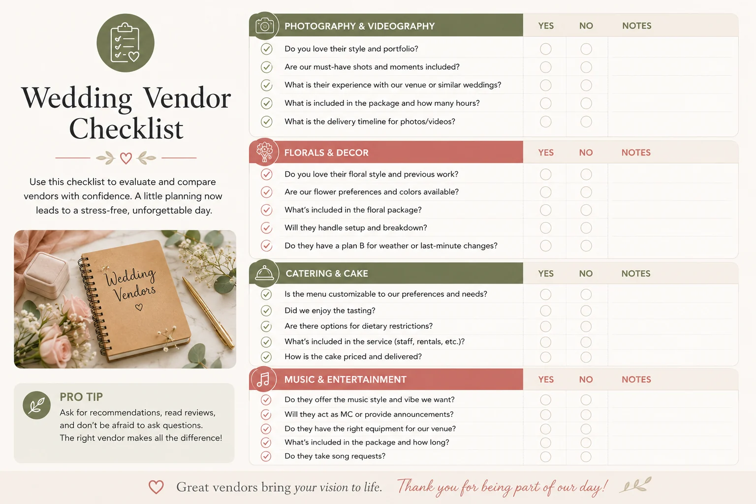 Wedding vendor checklist with yes/no questions for photography, florals, catering, and music