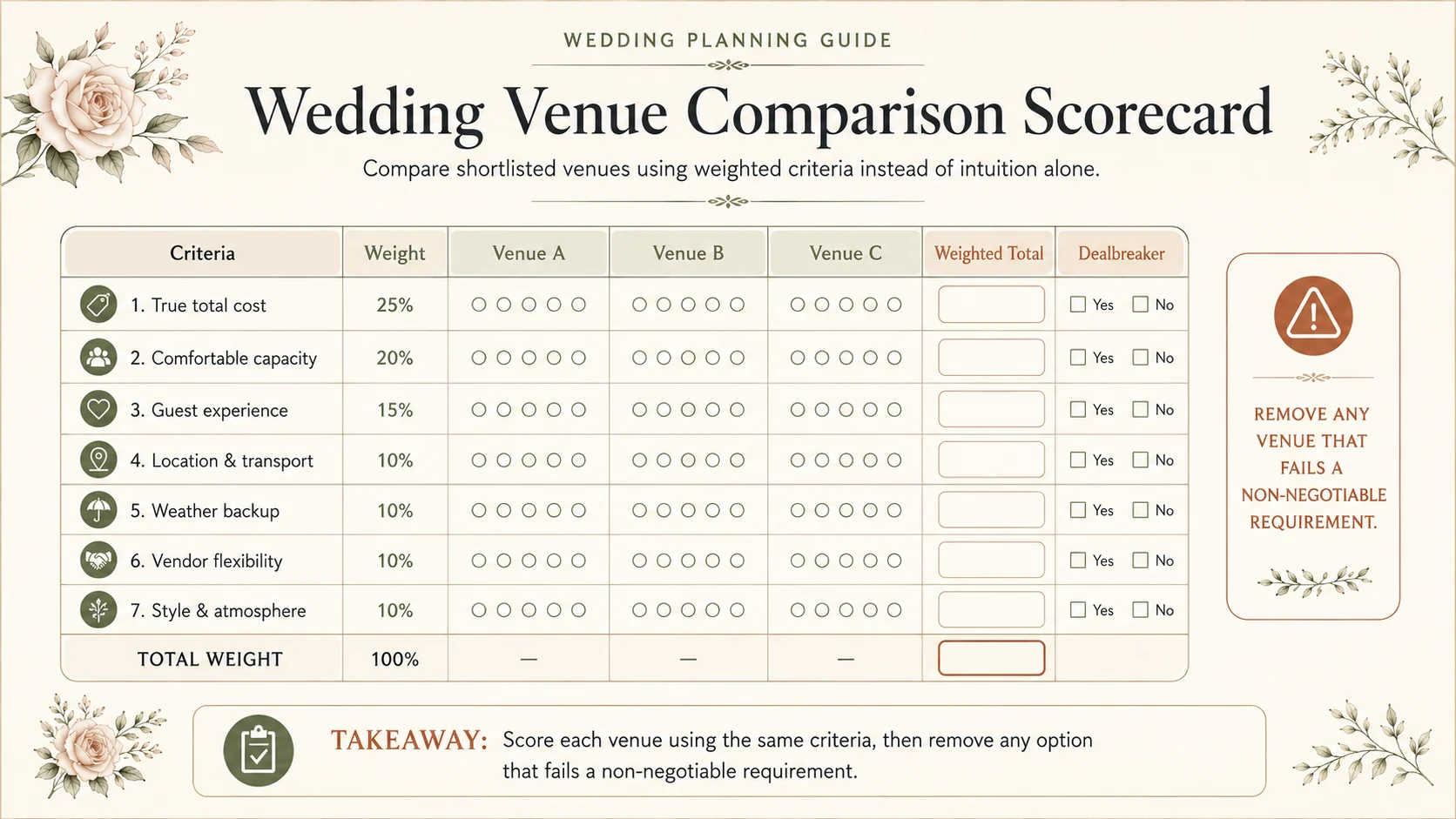 Weighted wedding venue comparison scorecard with criteria and dealbreaker checks
