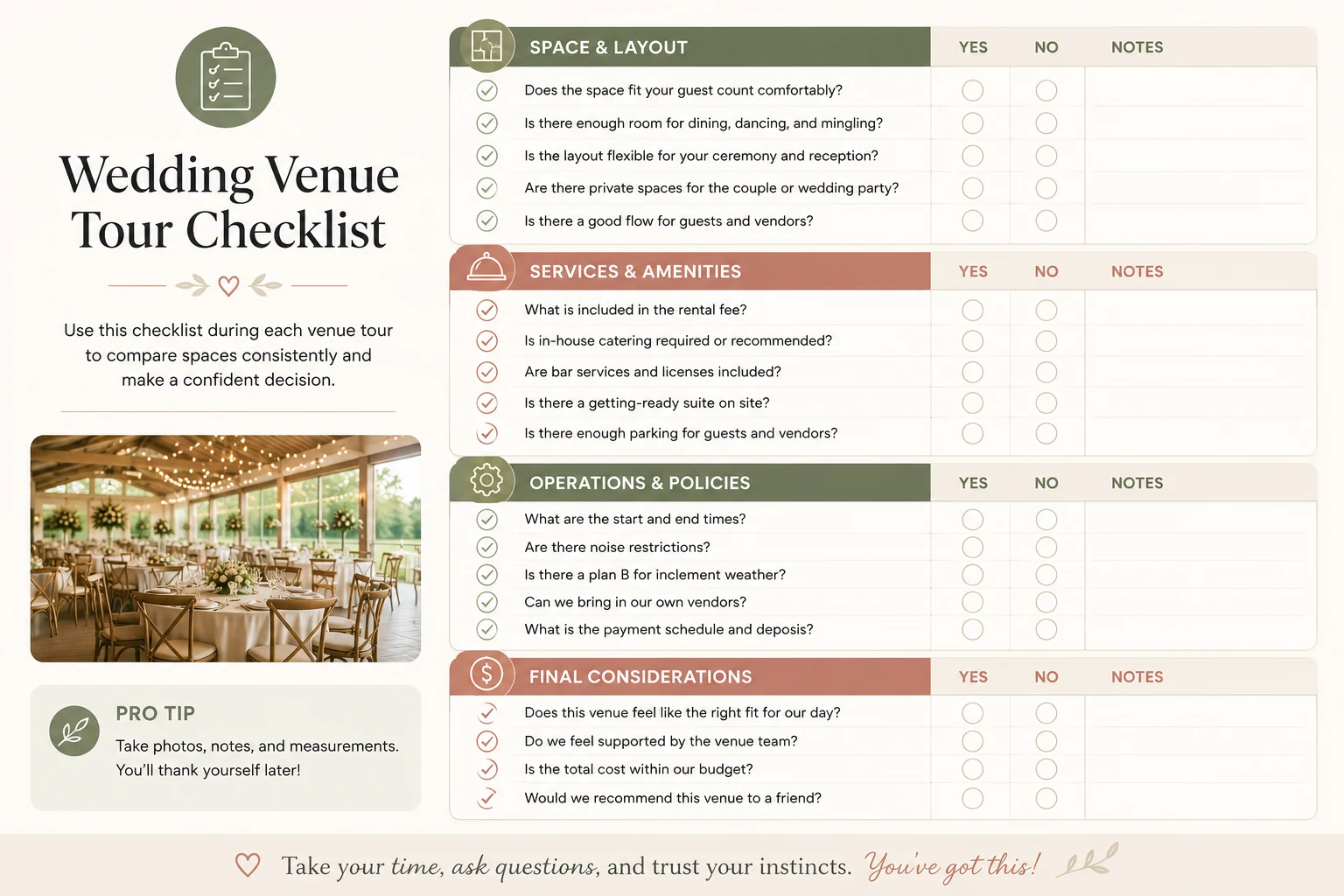 Wedding venue tour checklist covering space, services, operations, and final considerations