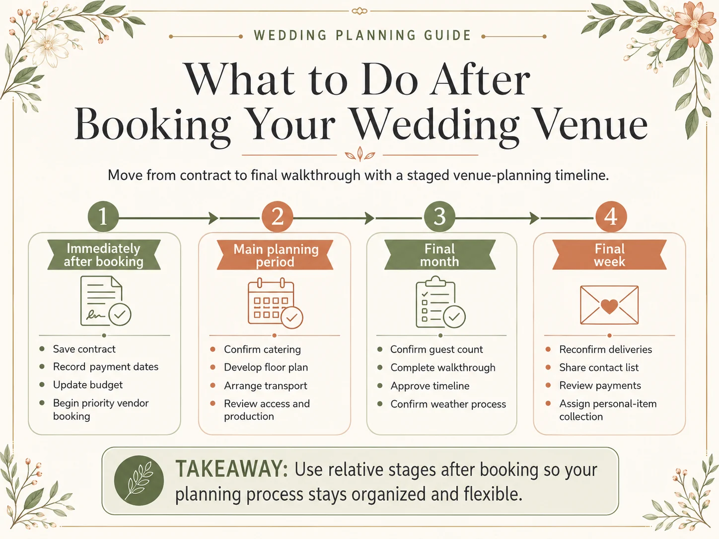 Timeline of what to do after booking your wedding venue, by planning stage