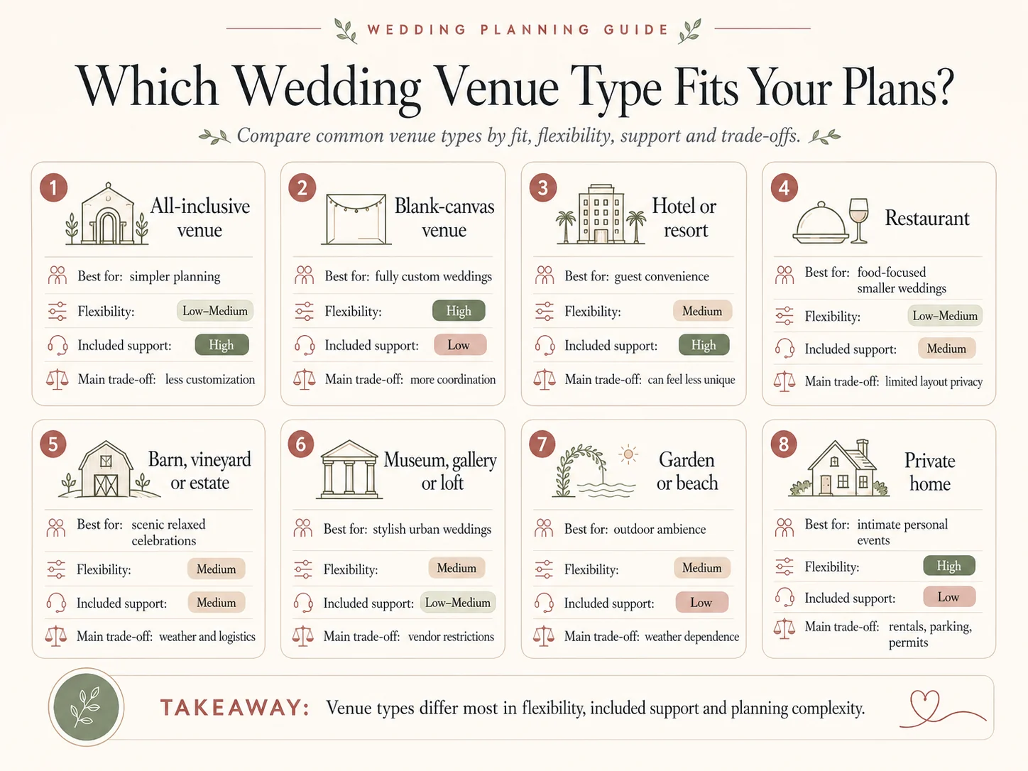 Comparison of wedding venue types by fit, advantage, and main consideration